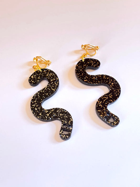 Black Glitter Worm Earrings - Clip Ons image 1