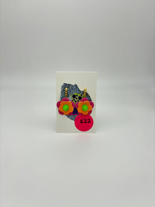 Mini Punk Flower Earrings - Pink & Orange, Green Spikes image 1