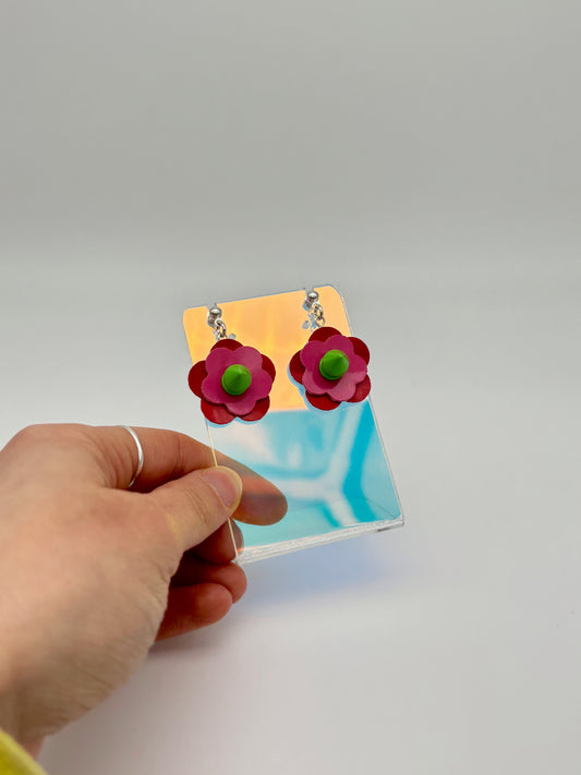 Mini Punk Flower Earrings - Red & Pink, Green Spikes image 1