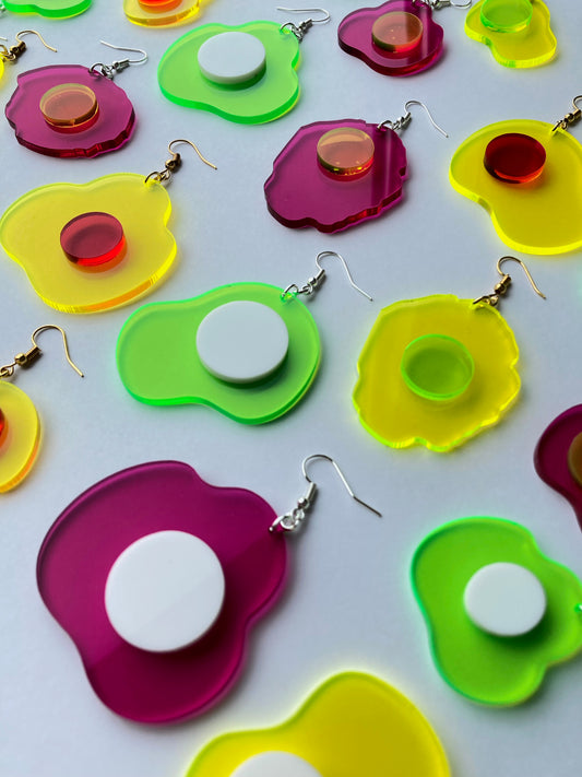 Neon Fluorescent Fried Egg Earrings - Big Green & White Eggs image 1