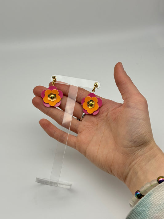 Mini Punk Flower Earrings - Pink & Orange image 1