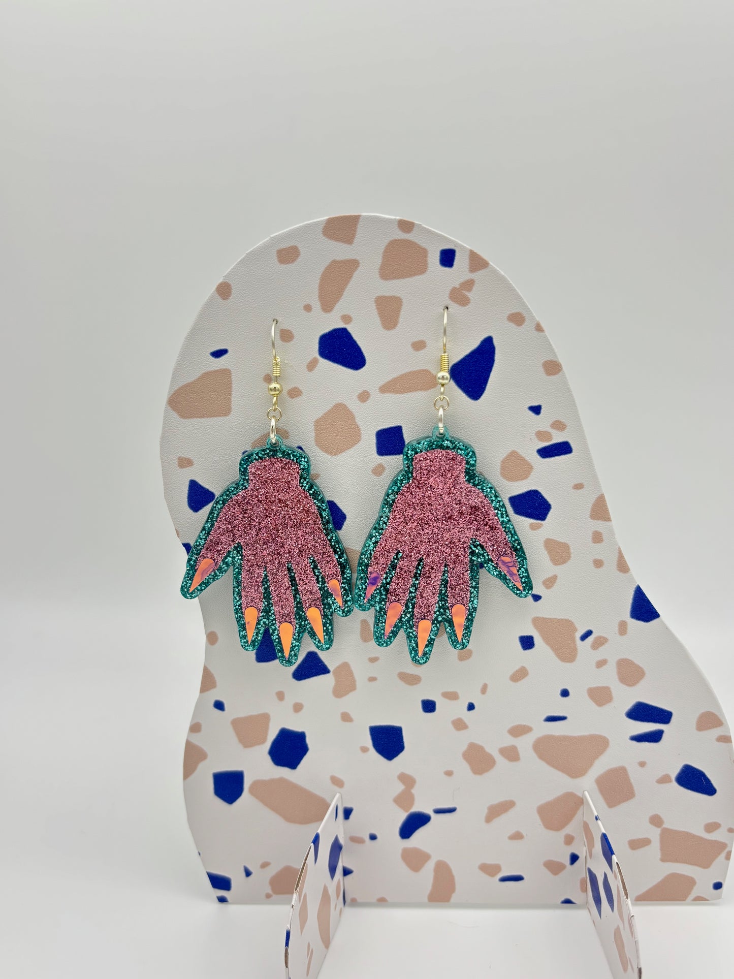 Sparkly Hand Acrylic Earrings - Pink & Teal Glitter