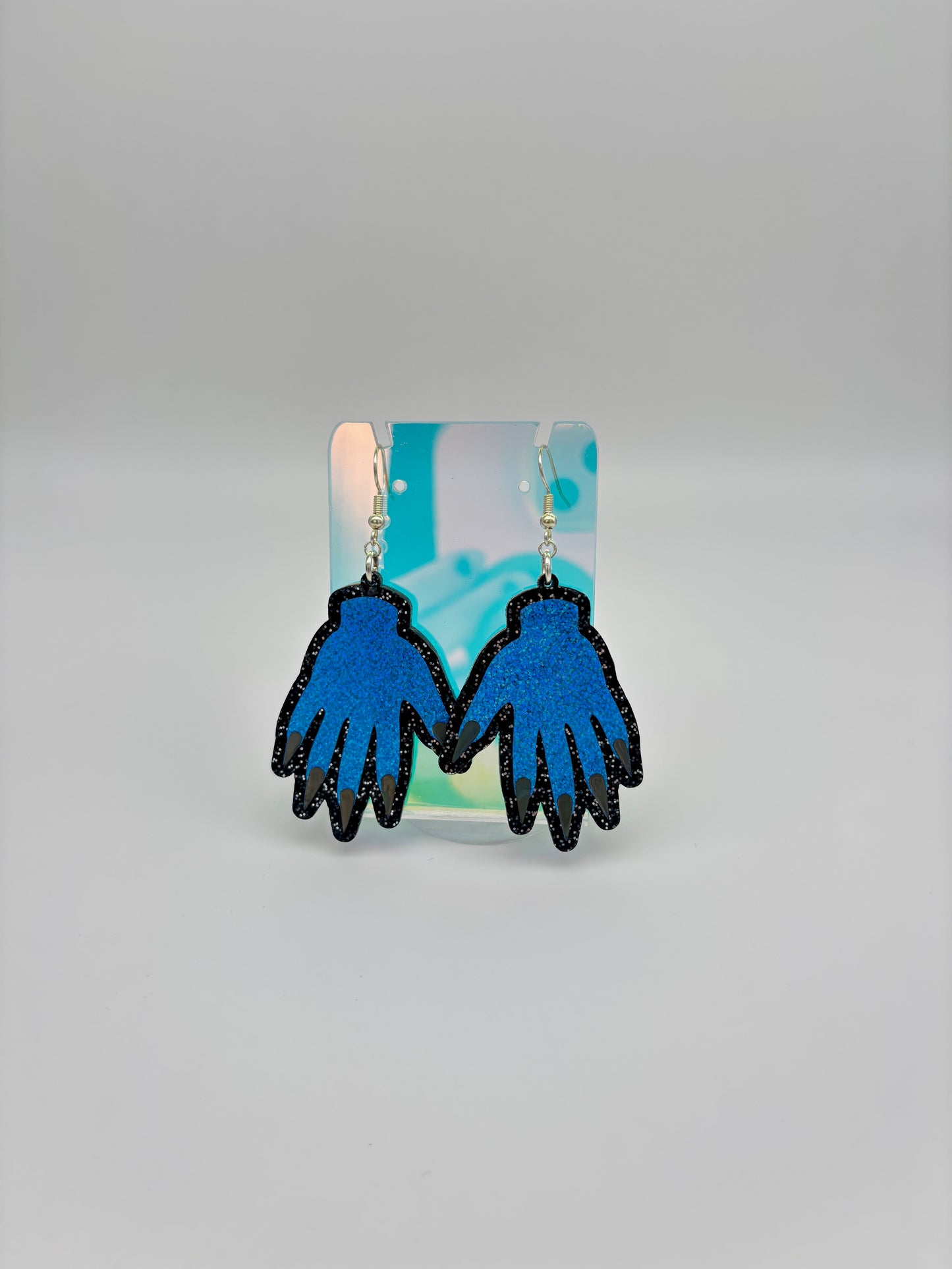 Sparkly Hand Acrylic Earrings - Blue & Black Glitter