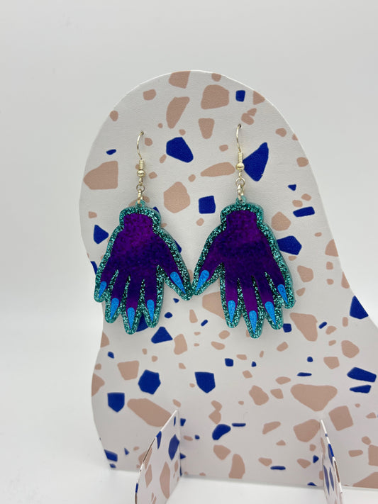 Sparkly Hand Acrylic Earrings - Purple & Teal Glitter