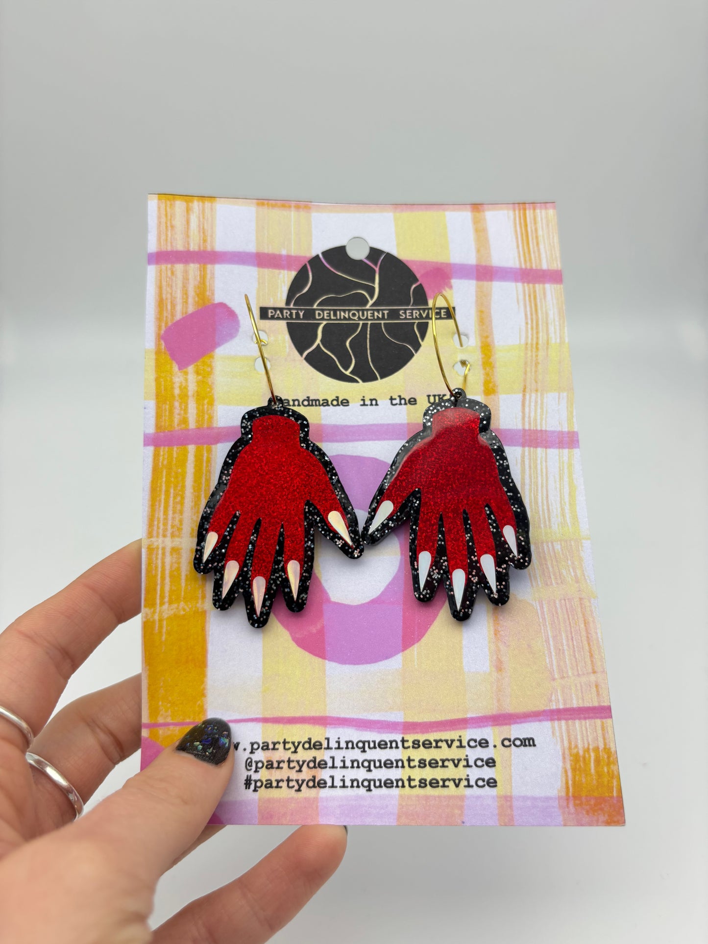 Sparkly Hand Acrylic Earrings - Red & Black Glitter Hoops