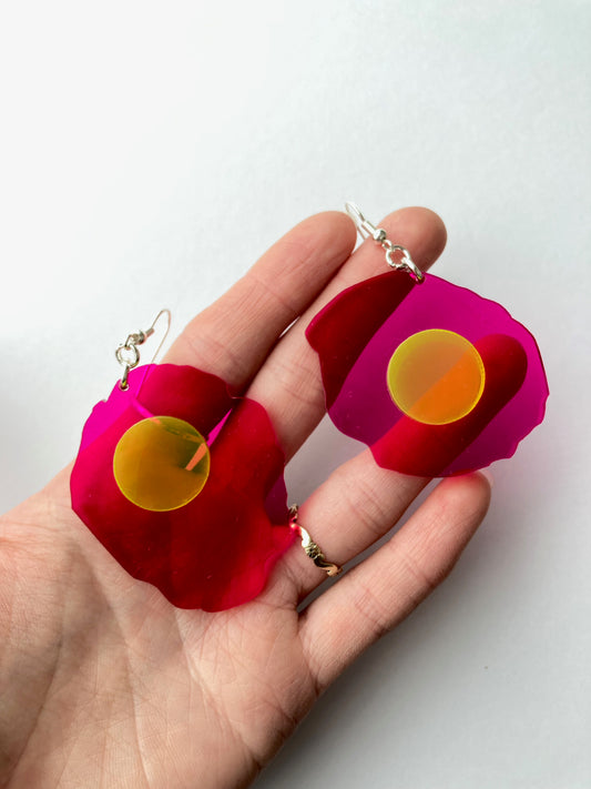 Neon Fluorescent Fried Egg Earrings - Big Pink Wiggly Eggs image 1