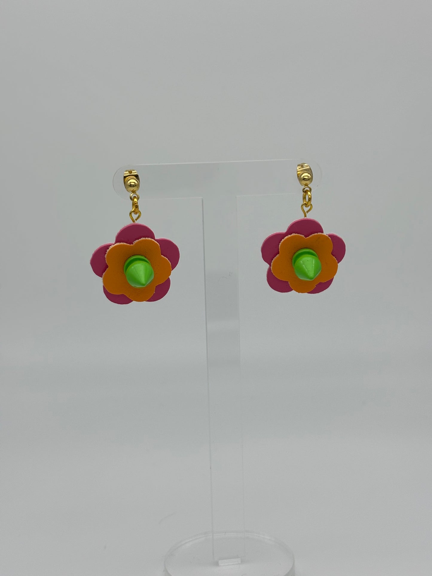 Mini Punk Flower Earrings - Pink & Orange, Green Spikes image 5