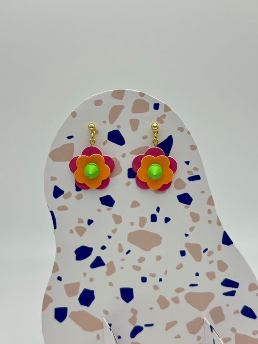 Mini Punk Flower Earrings - Pink & Orange, Green Spikes image 0