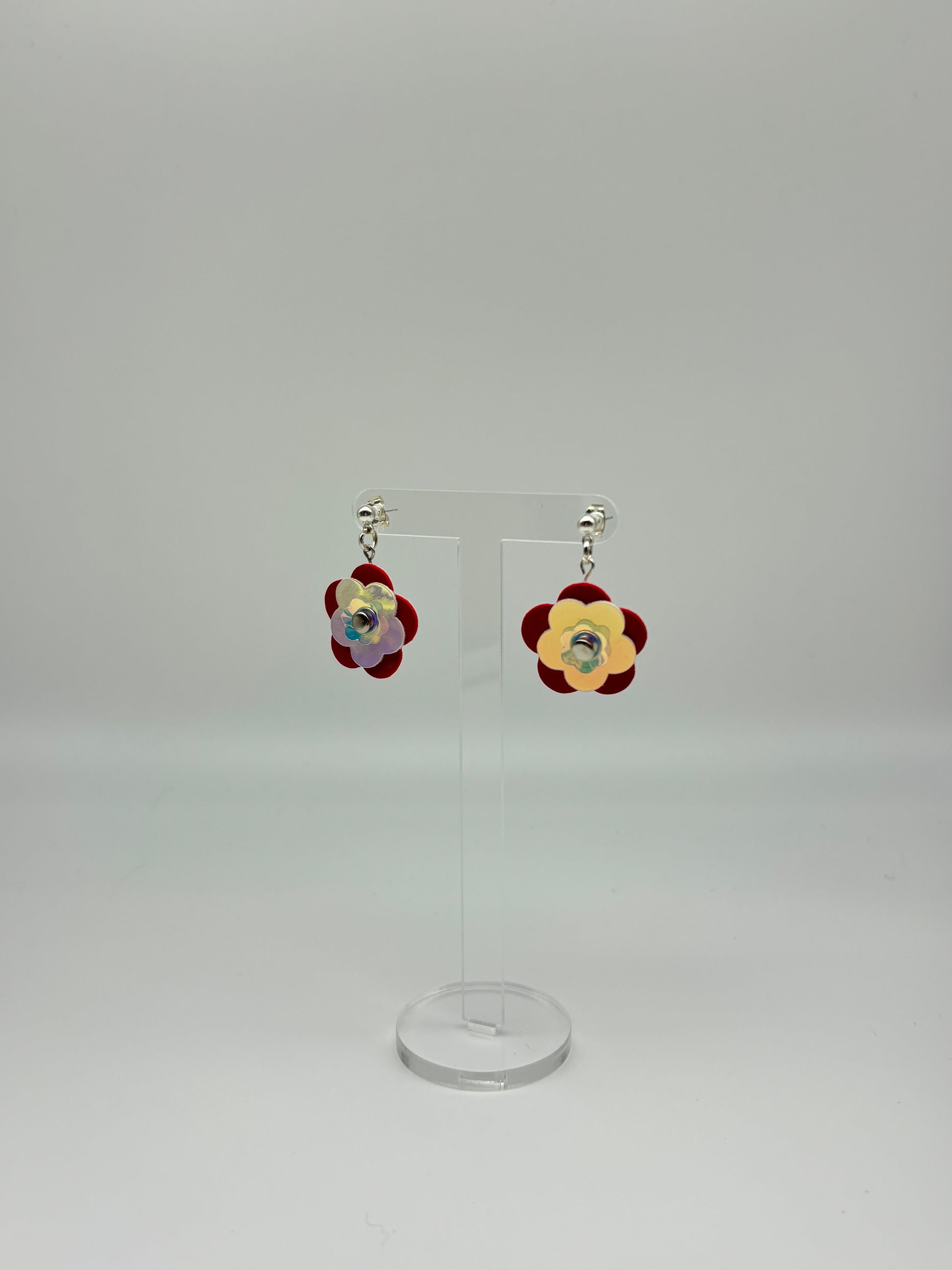 Mini Punk Flower Earrings - Red & Iridescent image 3