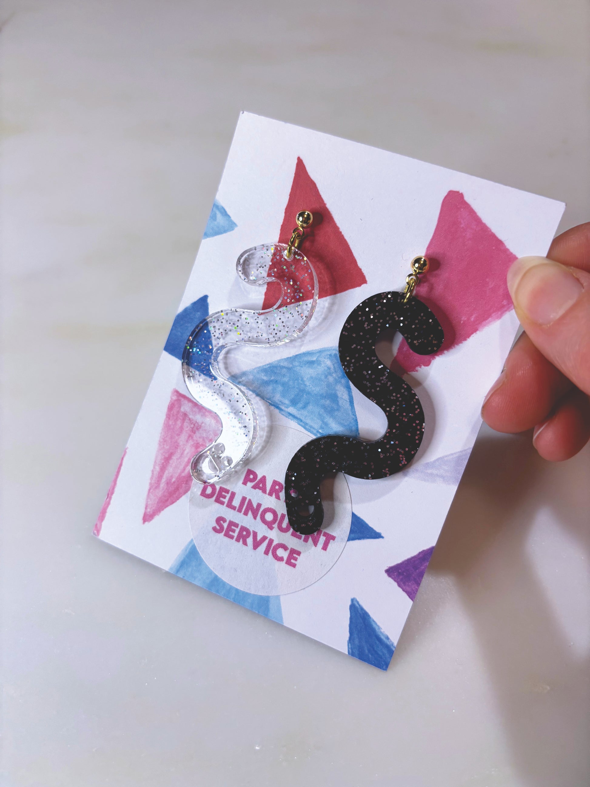 Glitter Worm Contrast Earrings - Black & Clear Holo Glitter image 2