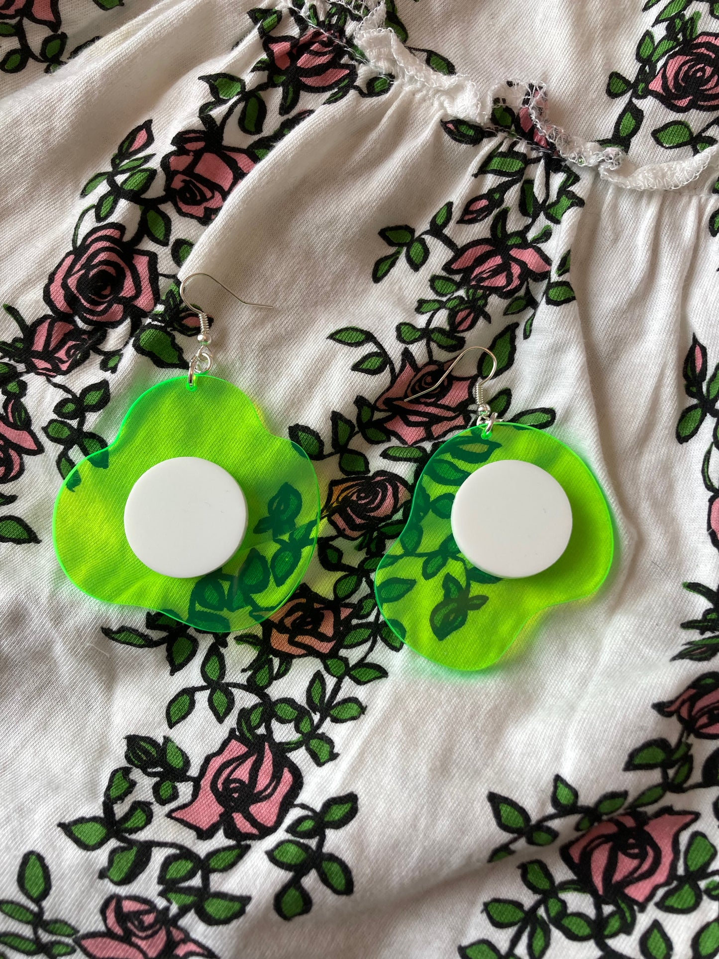 Neon Fluorescent Fried Egg Earrings - Big Green & White Eggs image 3
