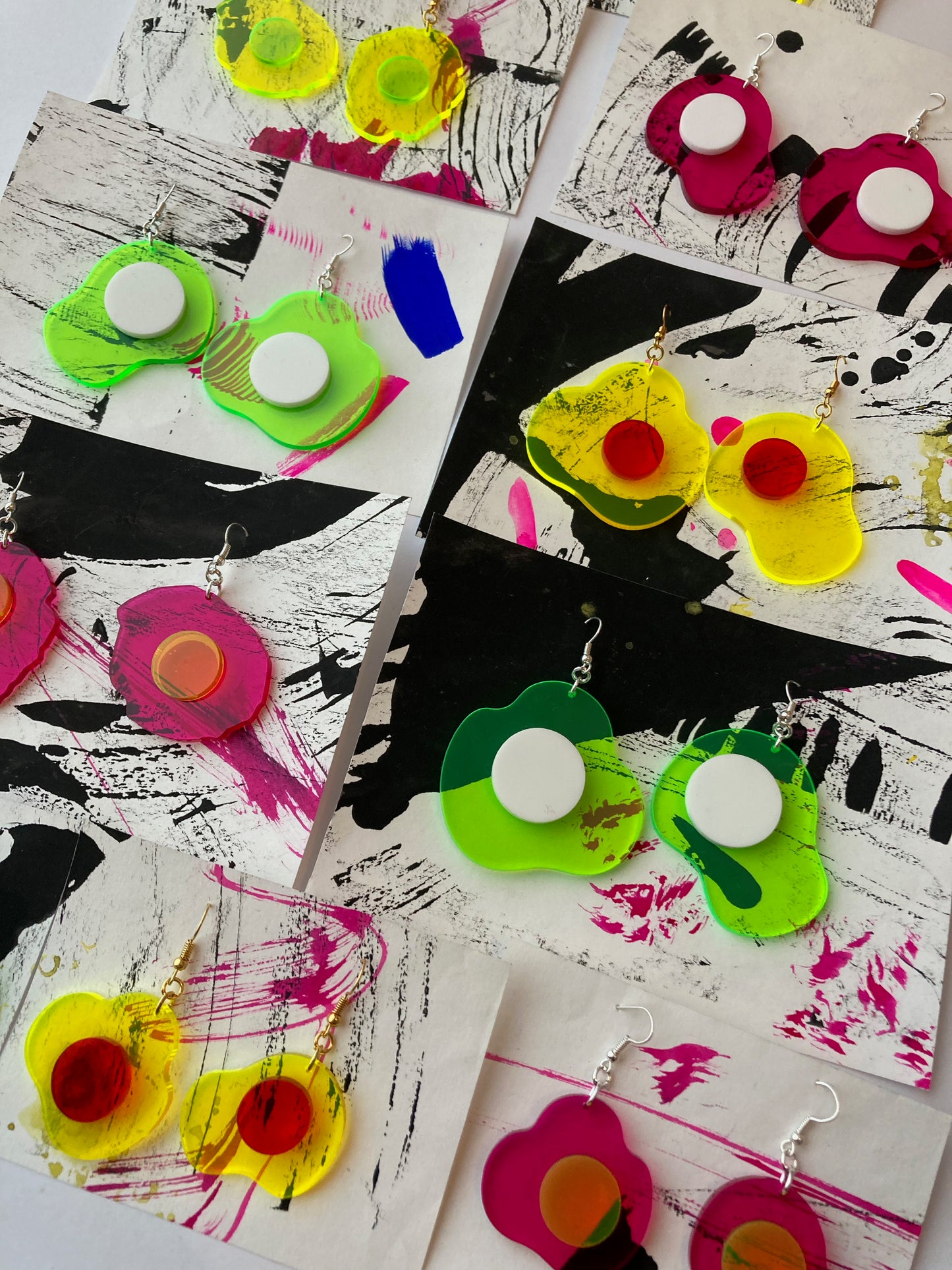 Neon Fluorescent Fried Egg Earrings - Mini Yellow & Pink Eggs image 3