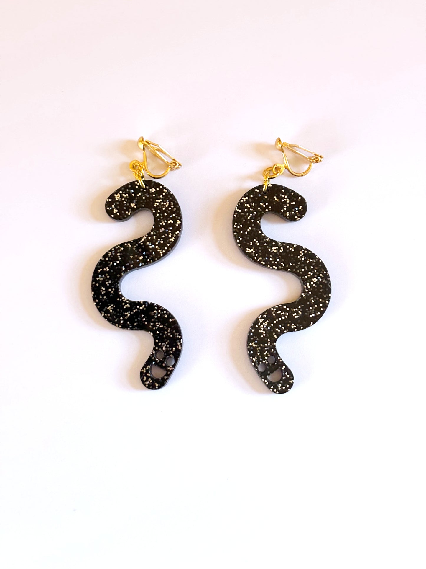 Black Glitter Worm Earrings - Clip Ons image 0