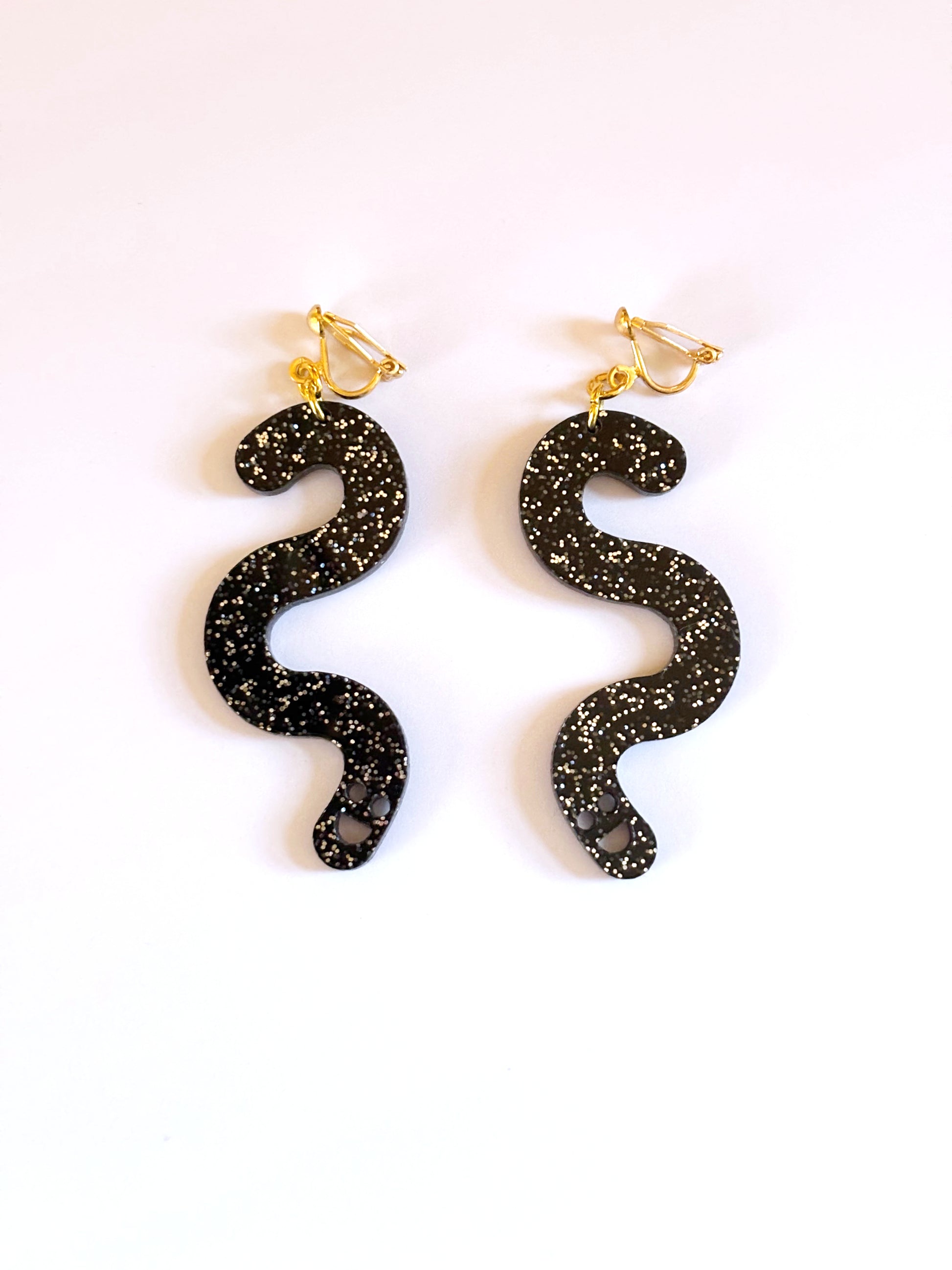 Black Glitter Worm Earrings - Clip Ons image 0