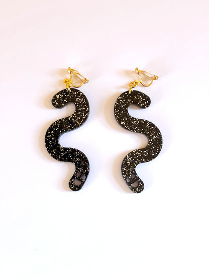 Black Glitter Worm Earrings - Clip Ons image 0