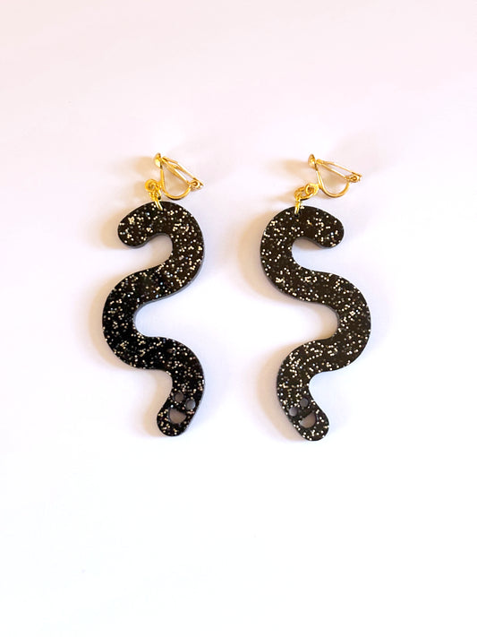Black Glitter Worm Earrings - Clip Ons image 0