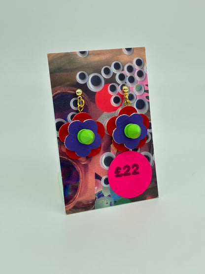Mini Punk Flower Earrings - Red & Purple, Green spikes image 1