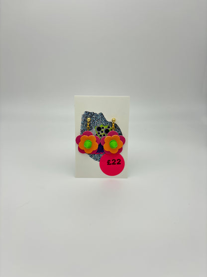 Mini Punk Flower Earrings - Pink & Orange, Green Spikes image 1