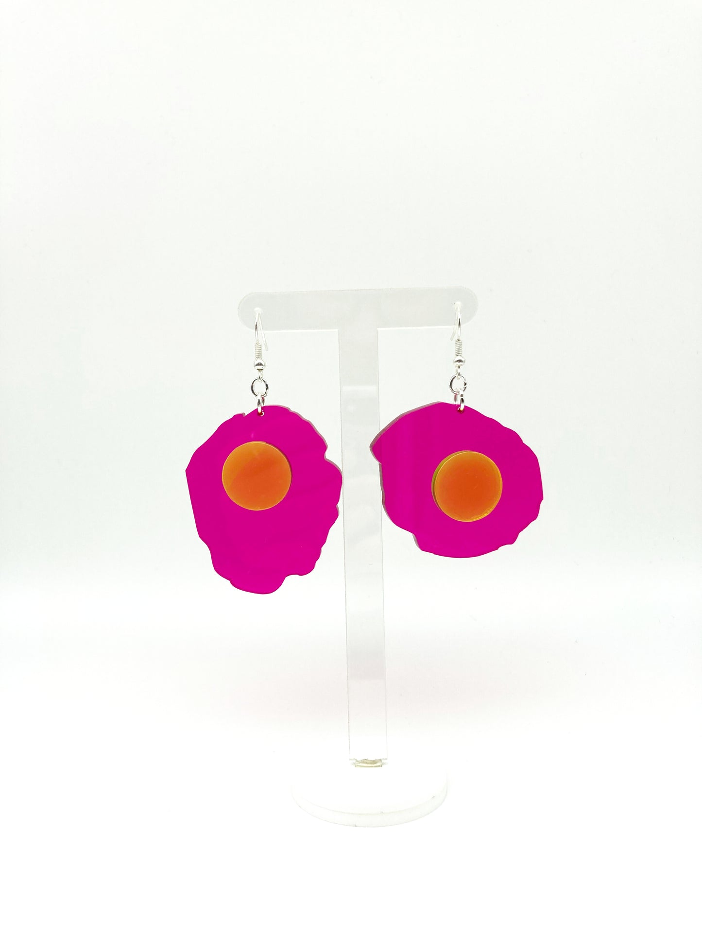 Neon Fluorescent Fried Egg Earrings - Big Pink Wiggly Eggs image 2