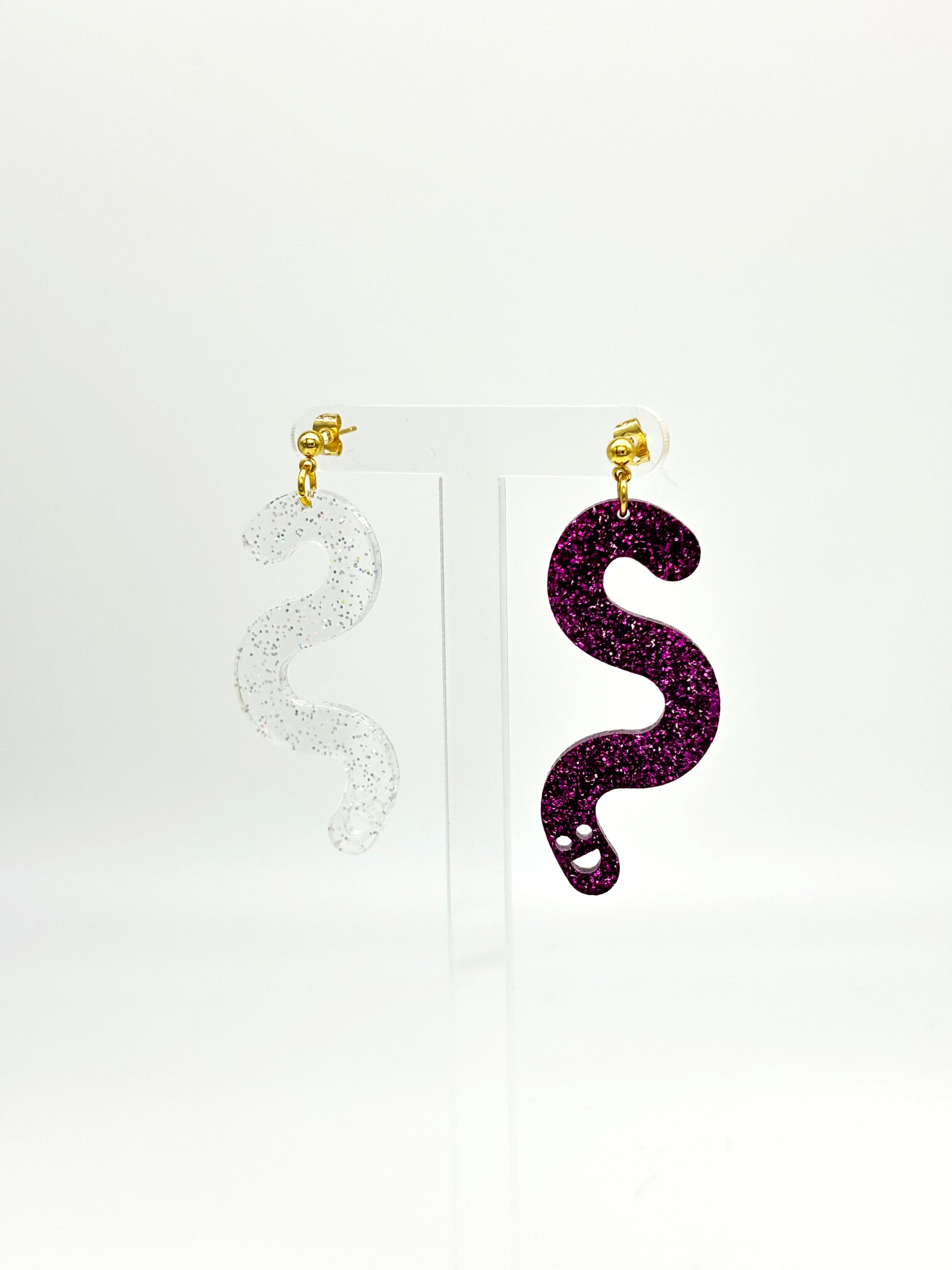 Glitter Worm Contrast Earrings - Magenta & Clear Holo Glitter image 2