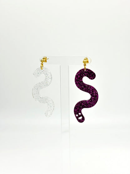 Glitter Worm Contrast Earrings - Magenta & Clear Holo Glitter image 2