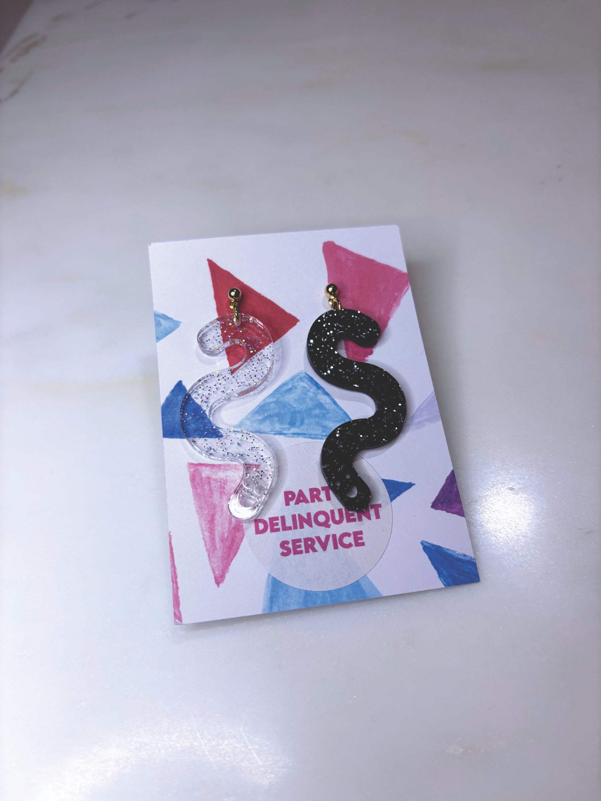 Glitter Worm Contrast Earrings - Black & Clear Holo Glitter image 0