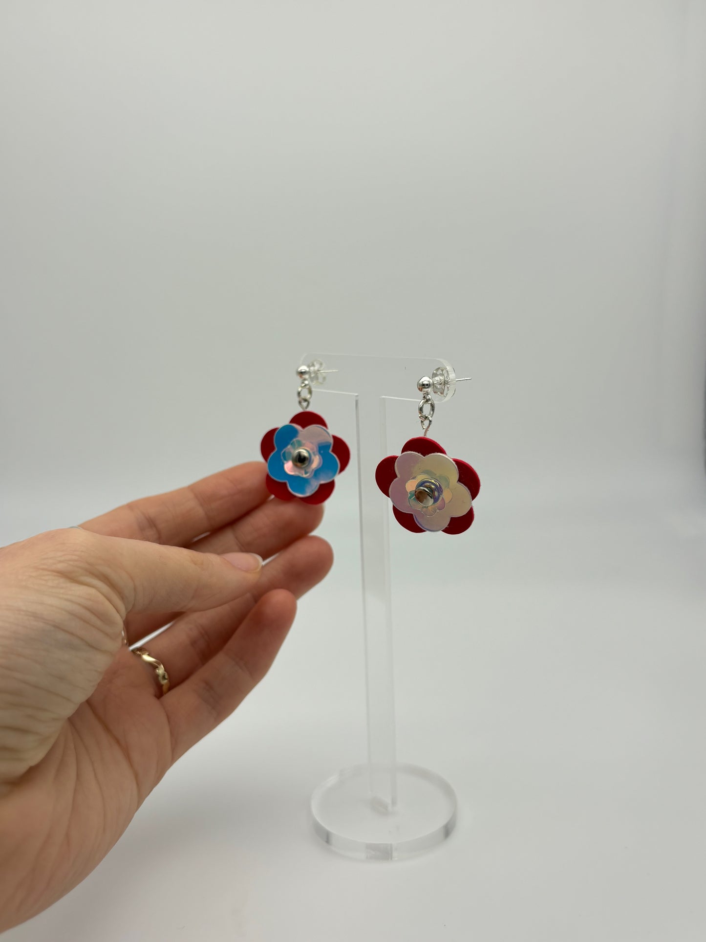 Mini Punk Flower Earrings - Red & Iridescent image 5