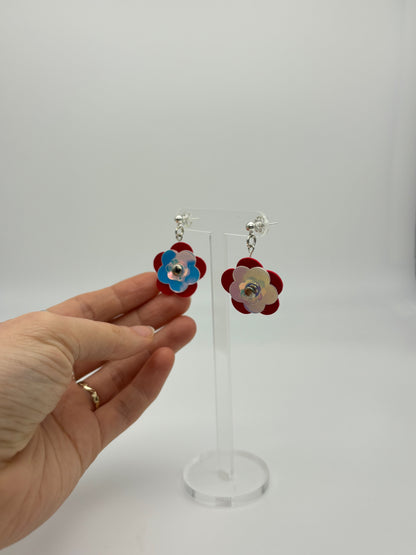 Mini Punk Flower Earrings - Red & Iridescent image 5