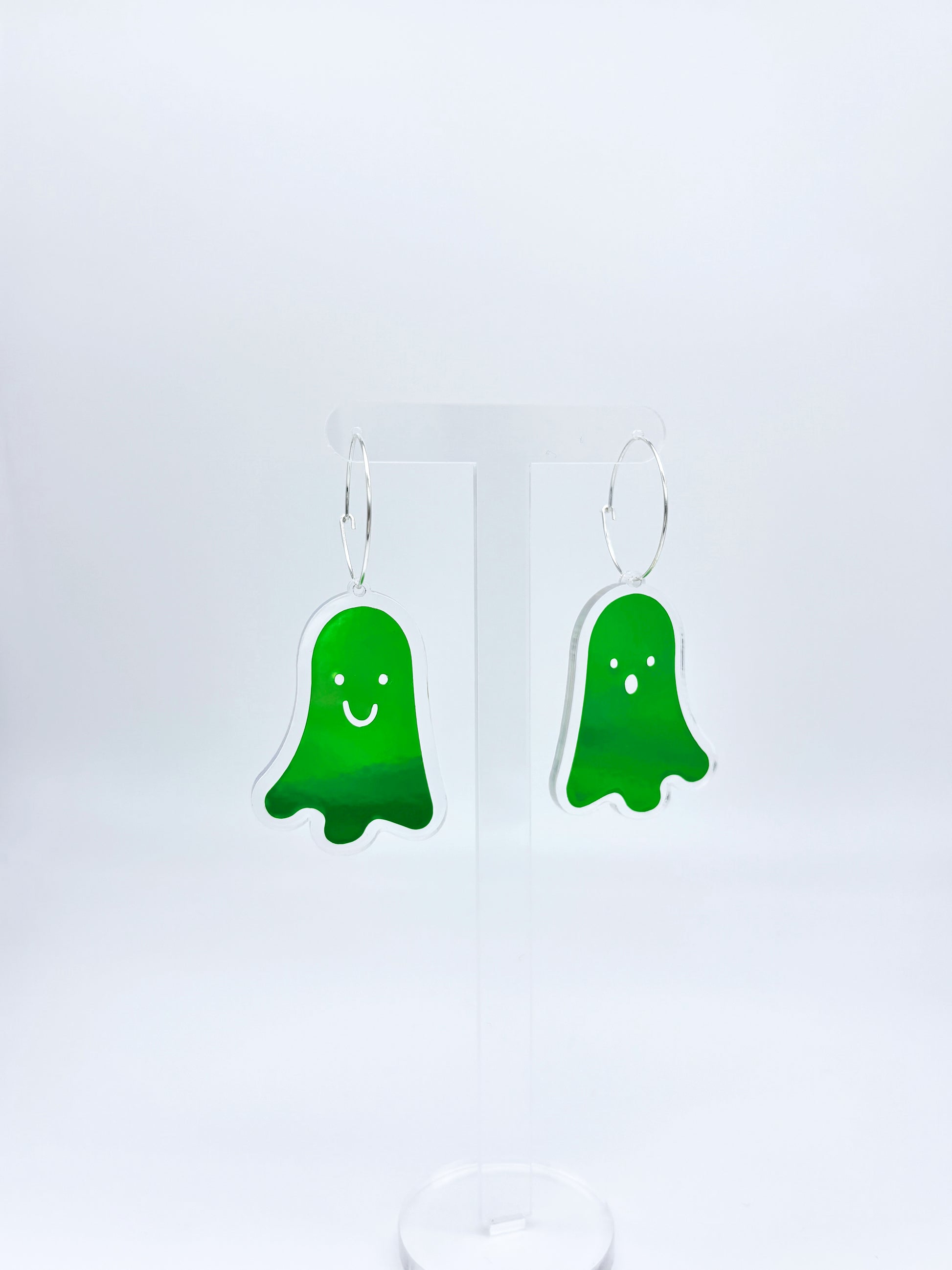 Holographic Ghost Earrings -  Emerald Green Hoops image 4