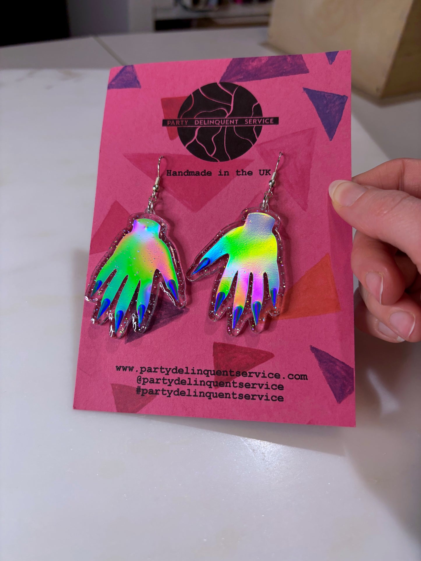 *Seconds* Sparkly Hand Acrylic Earrings - Silver Holo & Clear Holo Glitter image 1