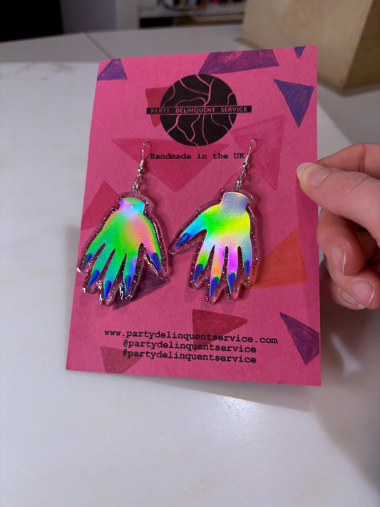 *Seconds* Sparkly Hand Acrylic Earrings - Silver Holo & Clear Holo Glitter image 1