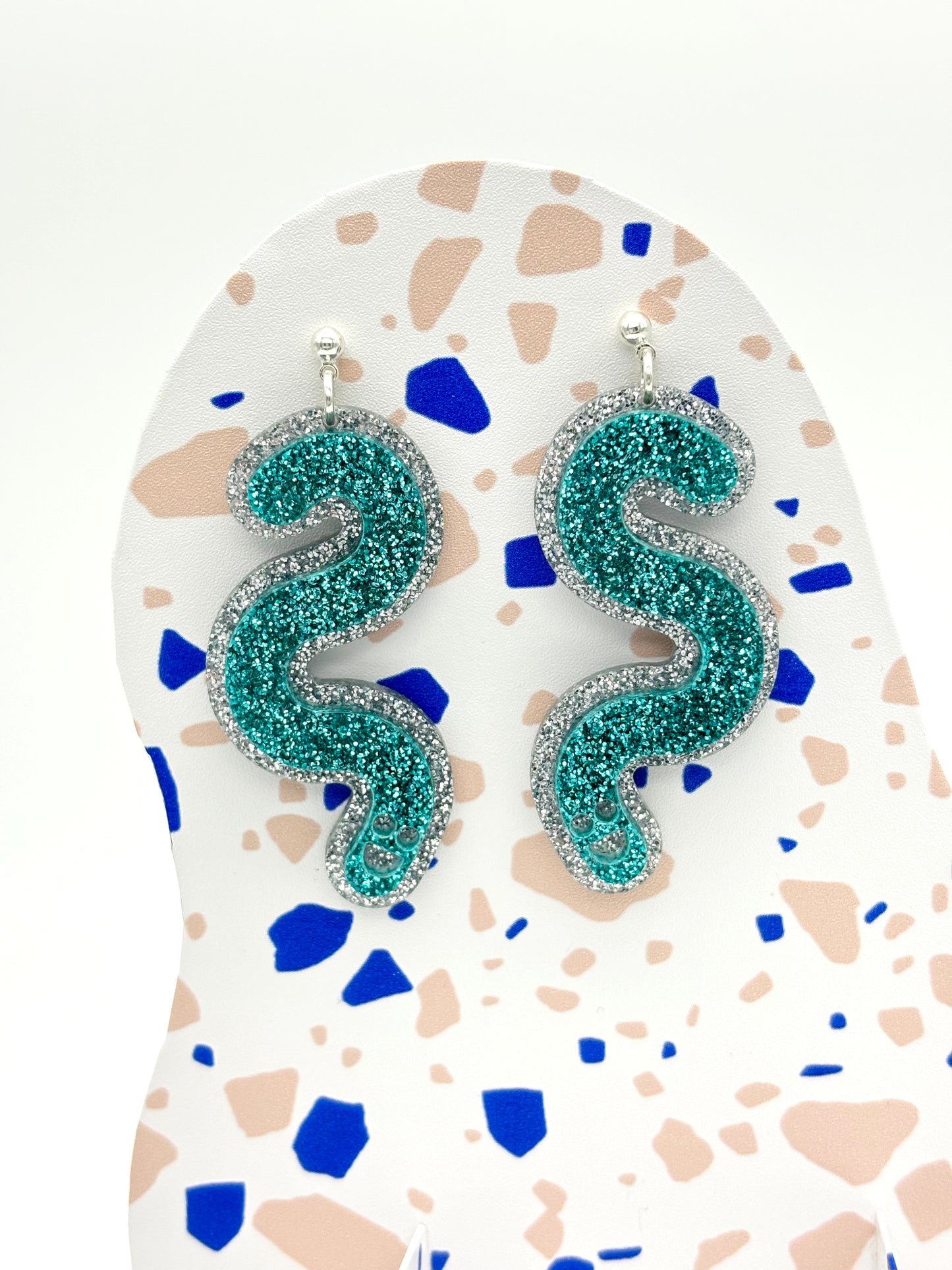Layered Silver & Teal Glitter Acrylic Worm Ball Stud Earrings image 2