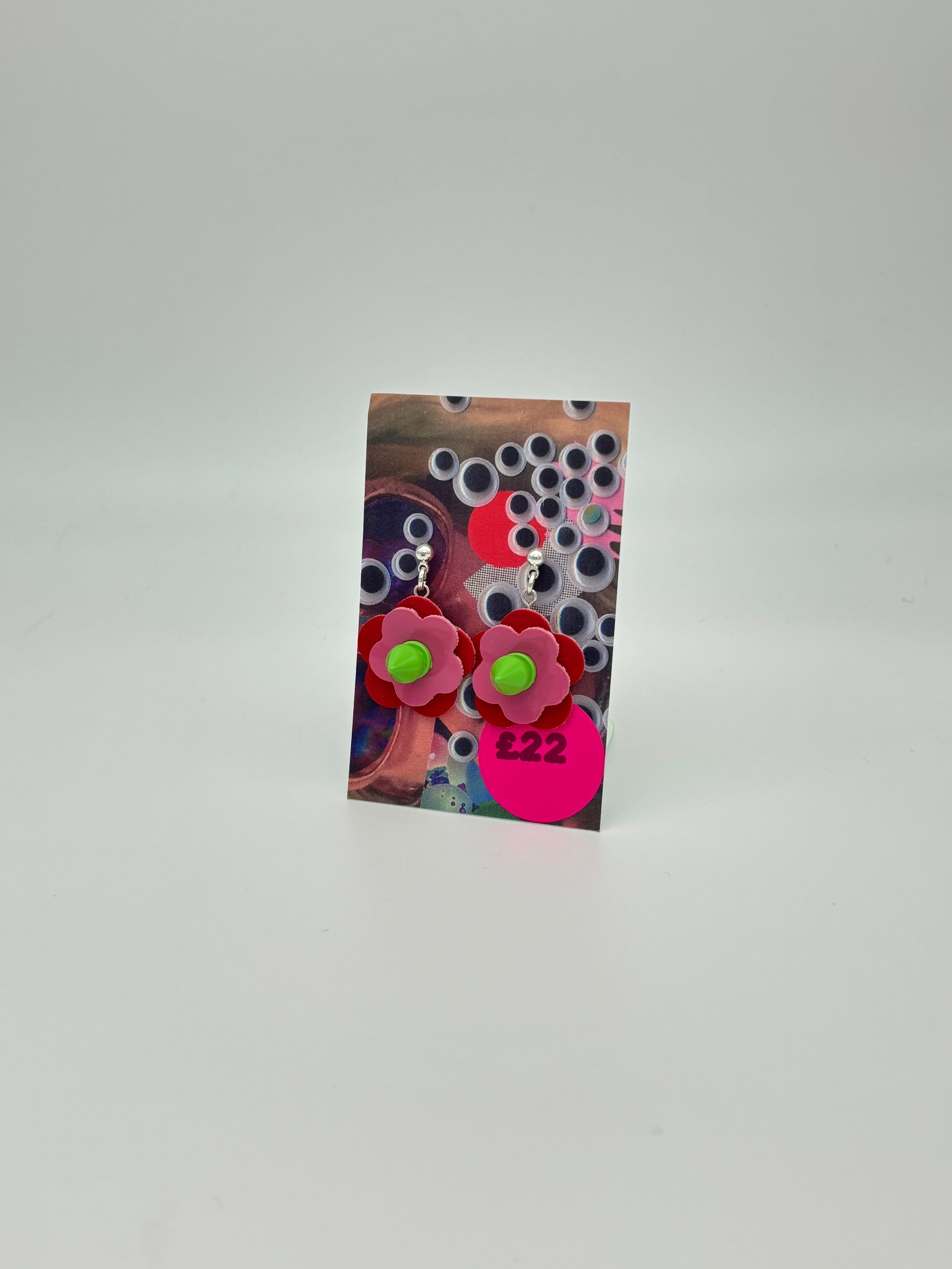 Mini Punk Flower Earrings - Red & Pink, Green Spikes image 2