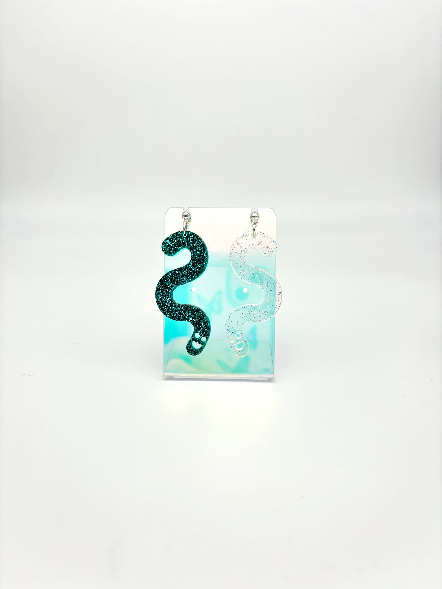 Glitter Worm Contrast Earrings - Teal & Clear Holo Glitter image 5