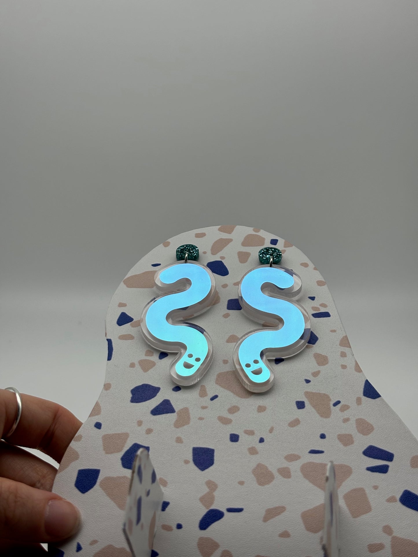 Vinyl Worm Glitter Stud Dangle Earrings - Teal & Candy Aurora image 3