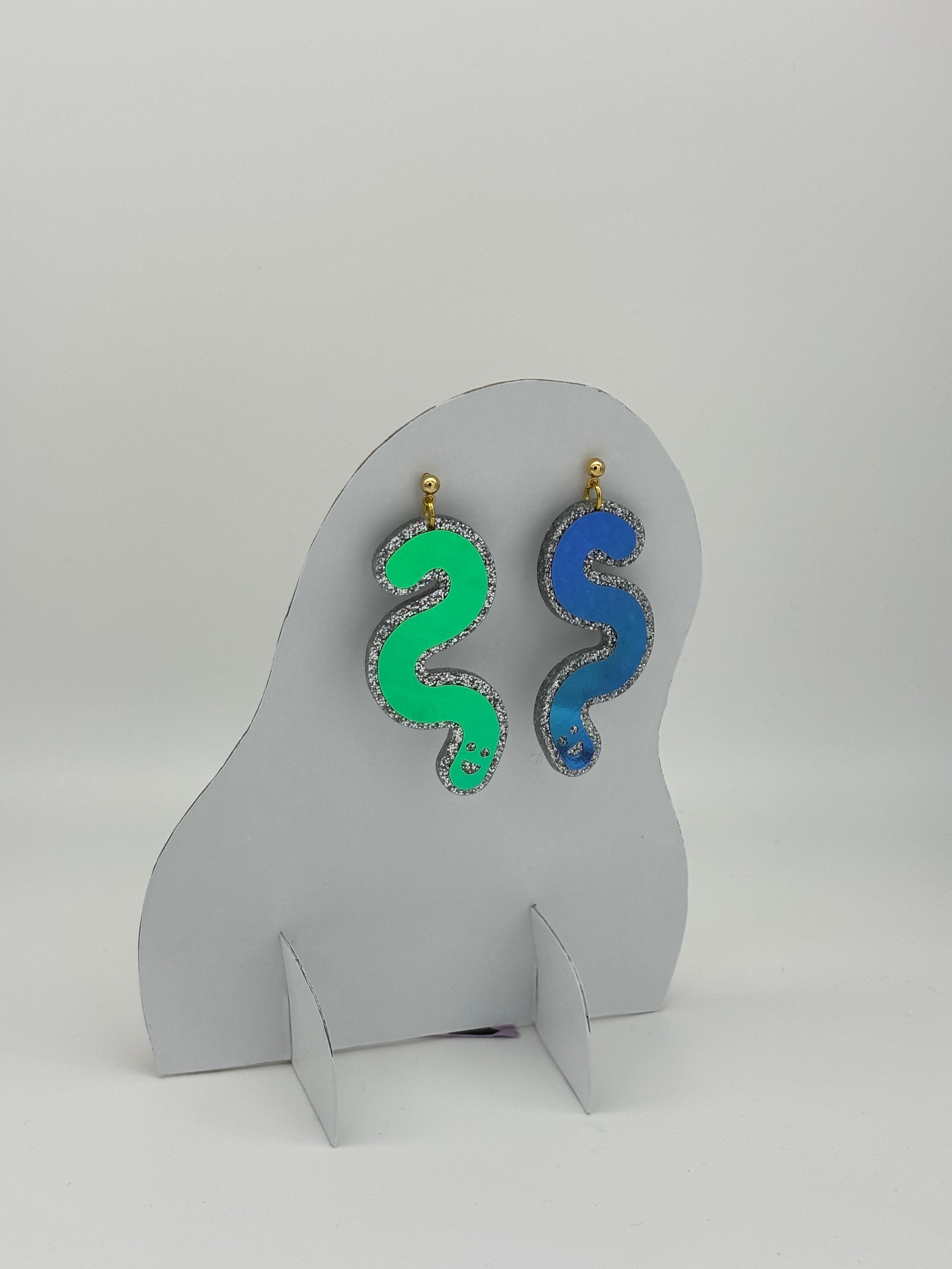 Glitter & Vinyl Worm Ball Stud Dangle Earrings - Jungle Cobalt image 1