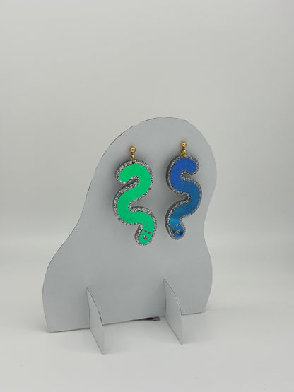 Glitter & Vinyl Worm Ball Stud Dangle Earrings - Jungle Cobalt image 1