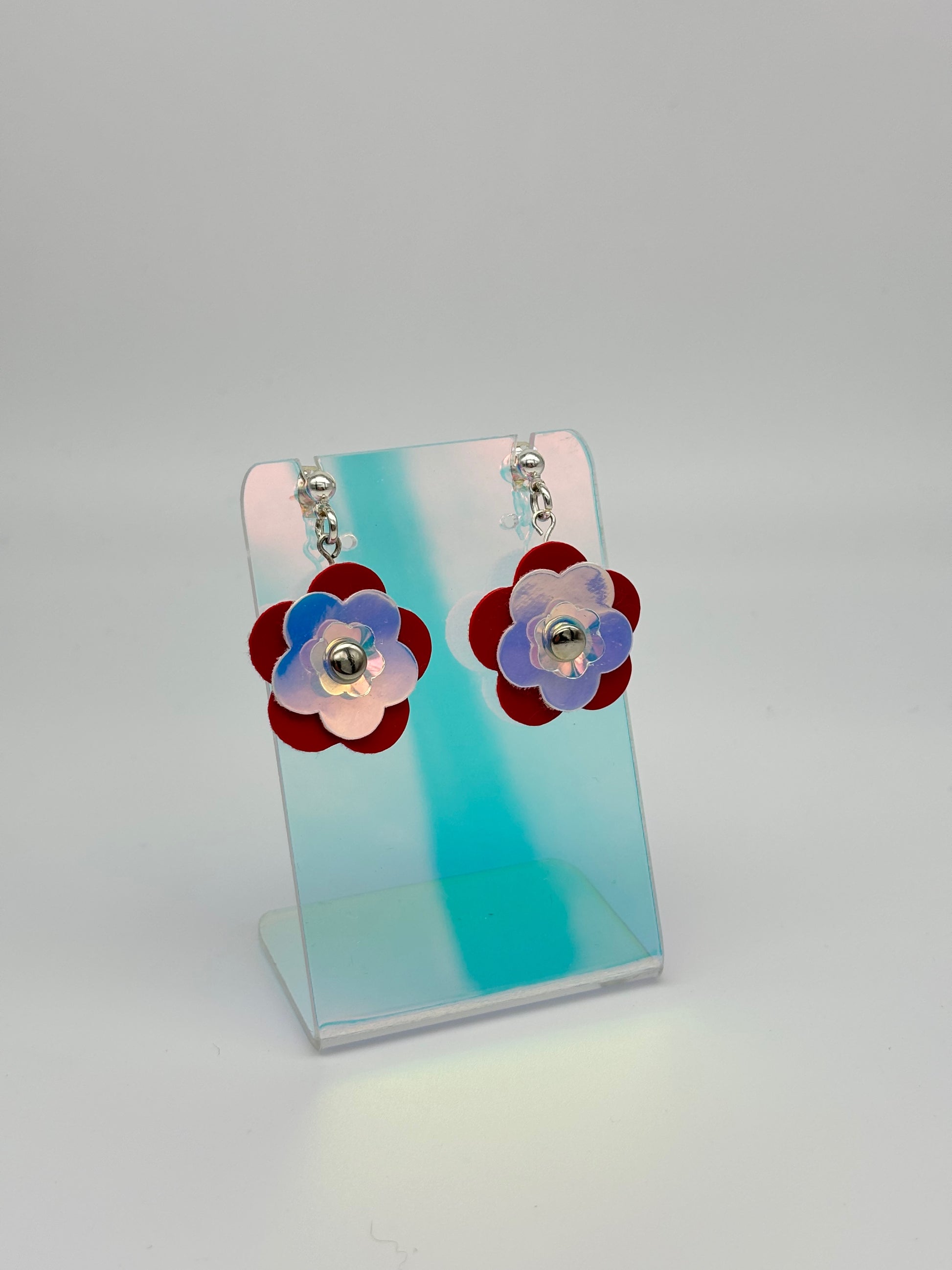 Mini Punk Flower Earrings - Red & Iridescent image 7