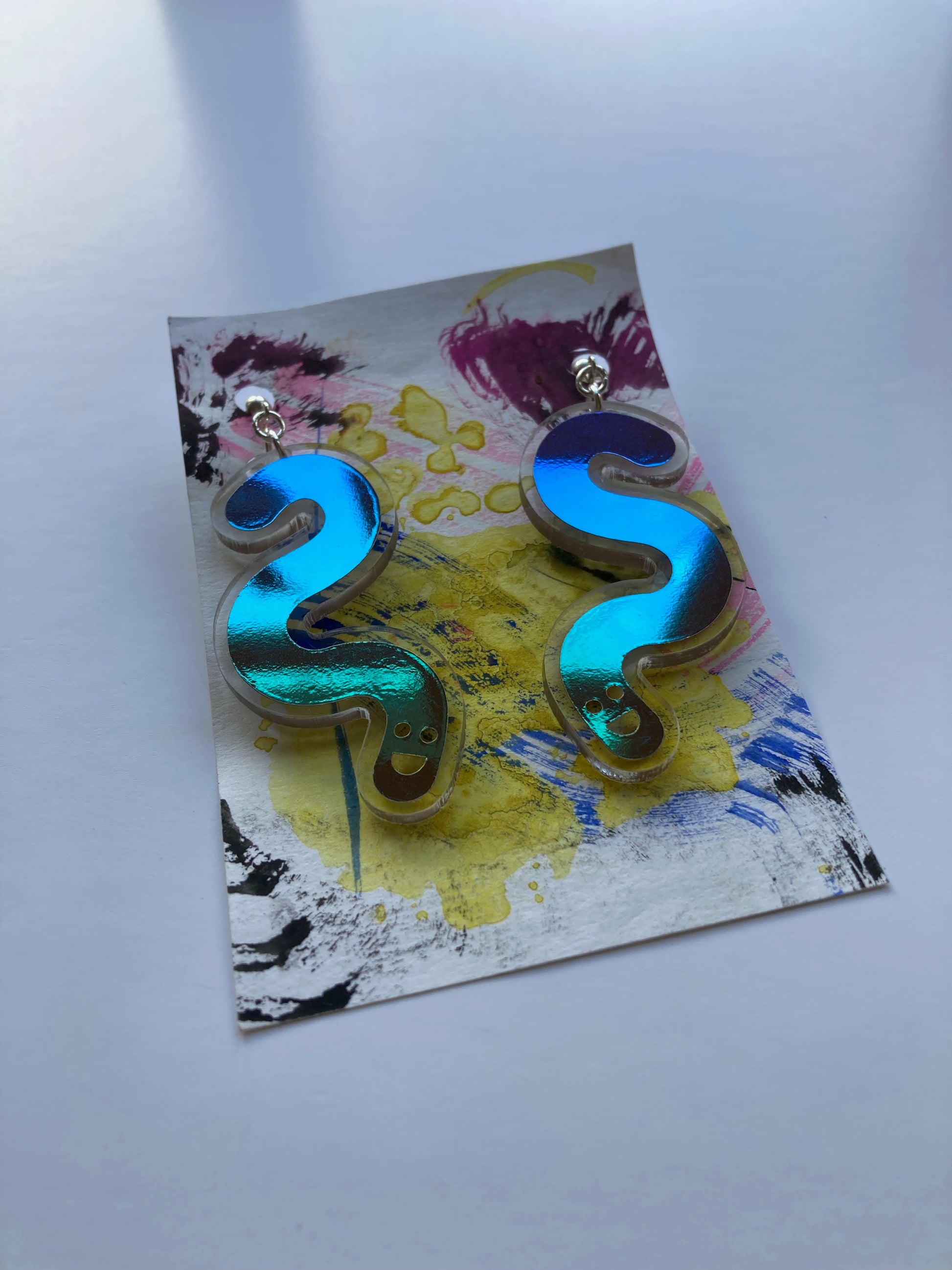 Acrylic & Vinyl Worm Earrings - Clip Ons - Jungle Cobalt image 6