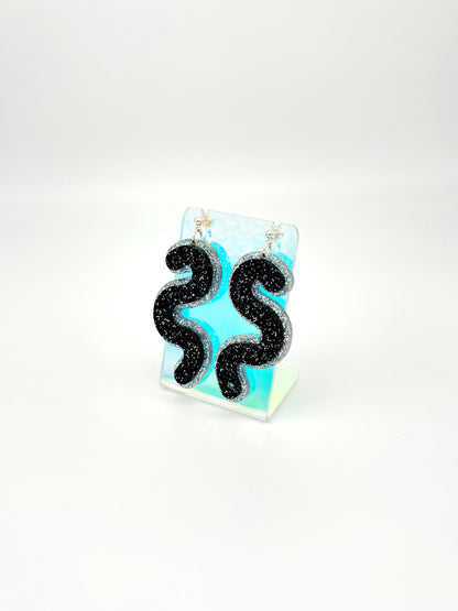 Layered Silver & Black Glitter Acrylic Worm Ball Stud Earrings image 1