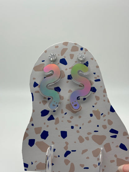Vinyl Worm Glitter Stud Dangle Earrings - Silver & Holographic Silver image 1