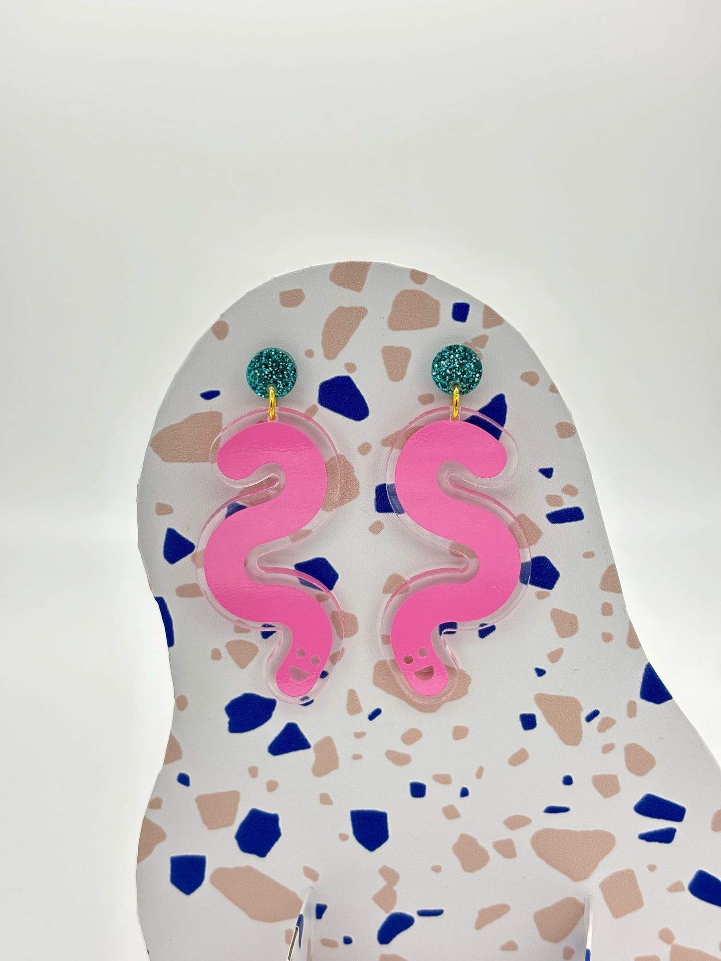 Vinyl Worm Glitter Stud Dangle Earrings - Teal & Baby Pink image 2