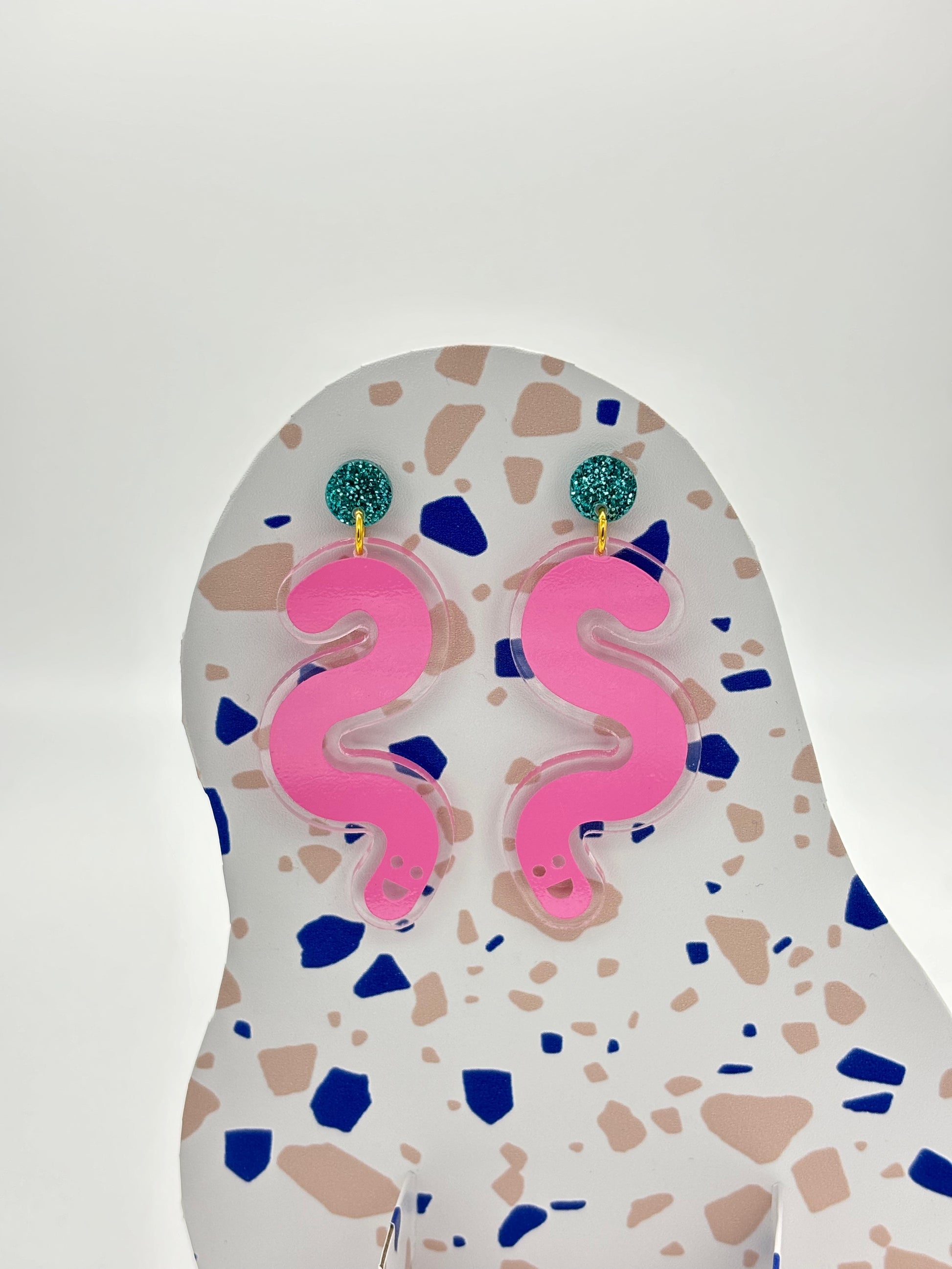 Vinyl Worm Glitter Stud Dangle Earrings - Teal & Baby Pink image 2