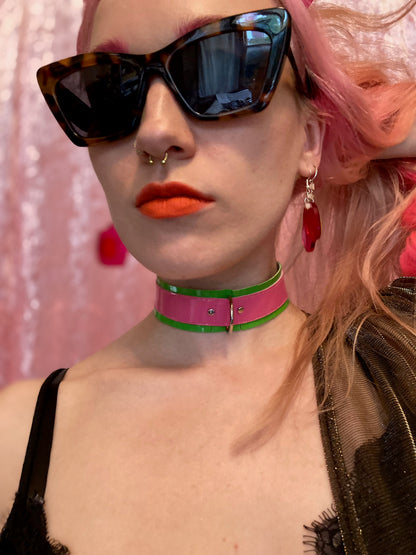 Fringed PVC choker - Green & Pink image 3