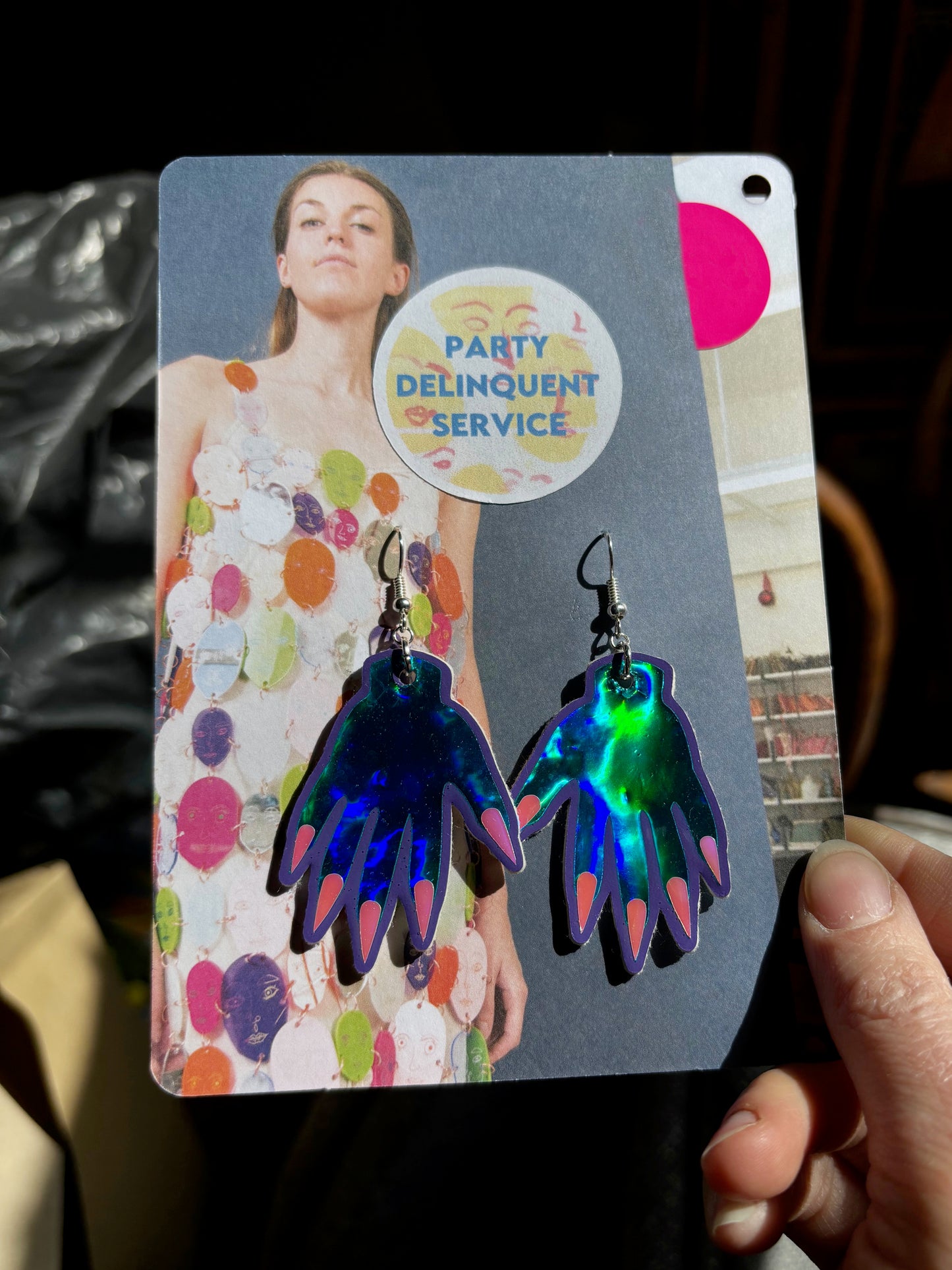 Sparkly Hand Earrings - Ocean Teal Holographic image 1