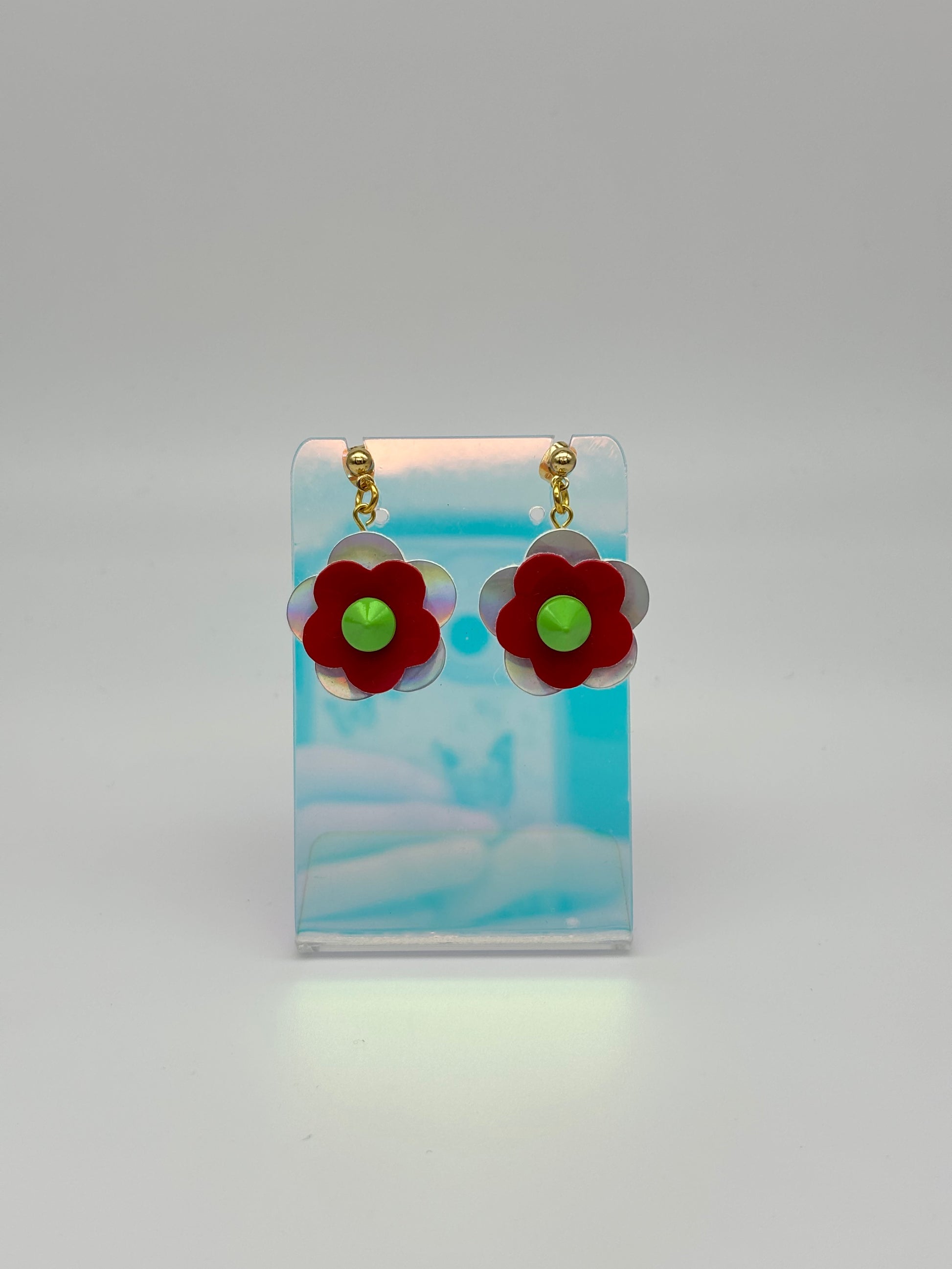 Mini Punk Flower Earrings - Silver Holo & Red, Green Spikes image 3