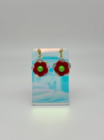 Mini Punk Flower Earrings - Silver Holo & Red, Green Spikes image 3