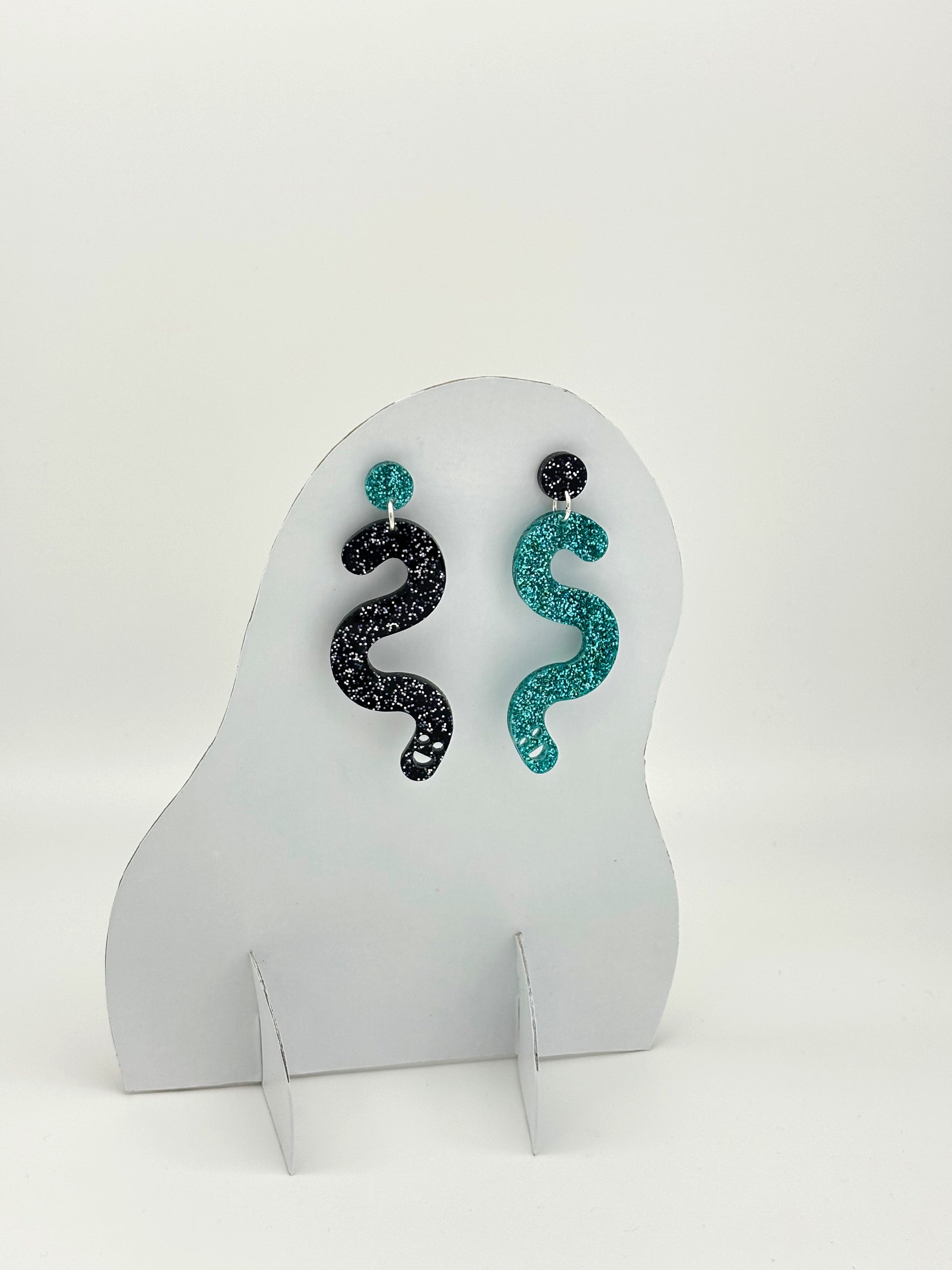 Glitter Worm Contrast Earrings - Teal & Black image 4