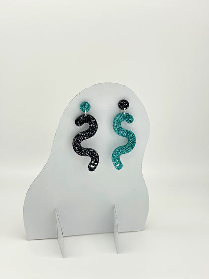 Glitter Worm Contrast Earrings - Teal & Black image 4
