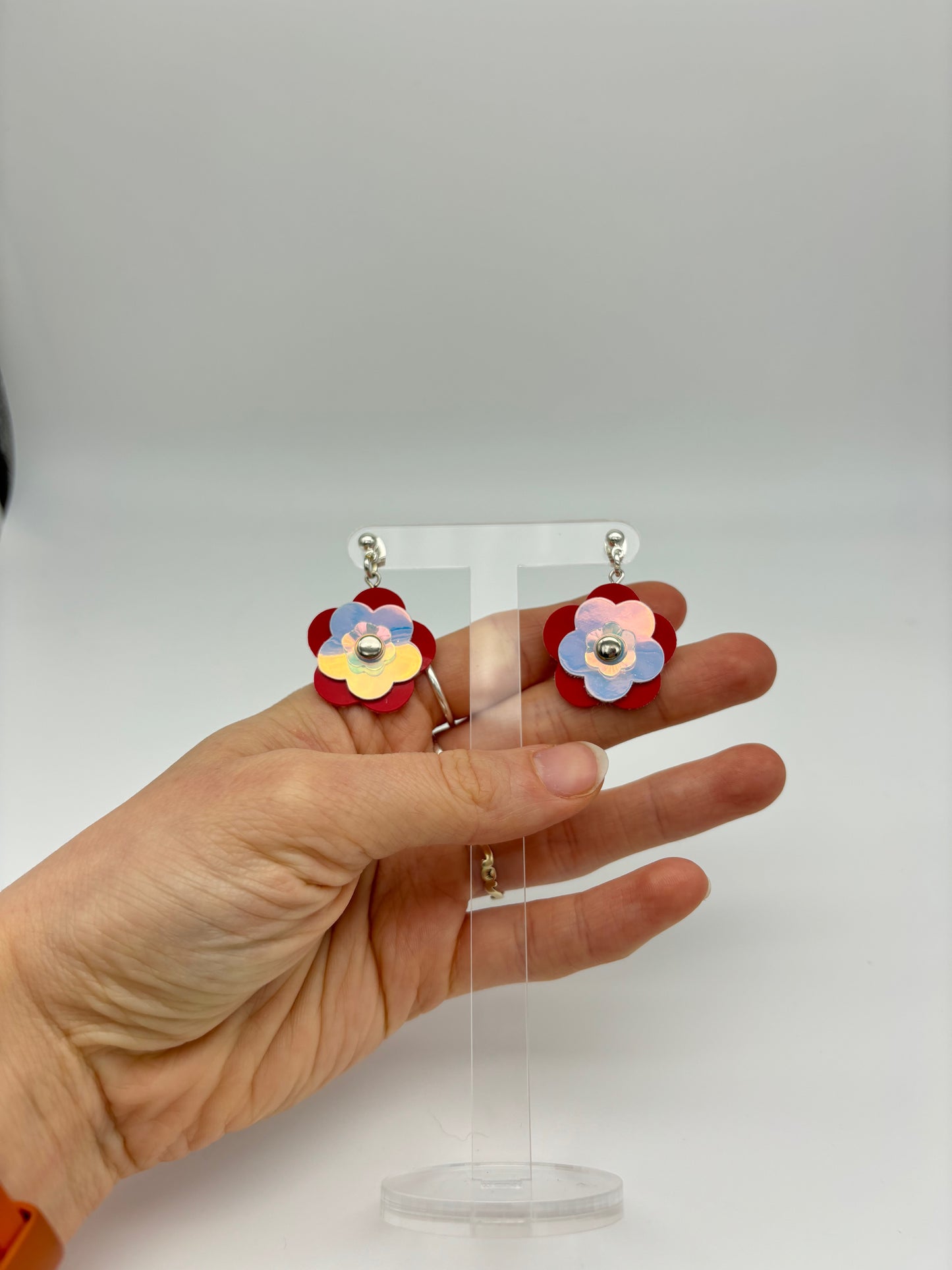 Mini Punk Flower Earrings - Red & Iridescent image 0